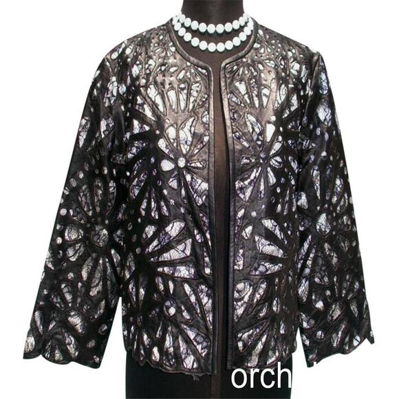 Cache Laser Cut Leather Lace Swing Jacket Top New Peek A Boo Black White $398